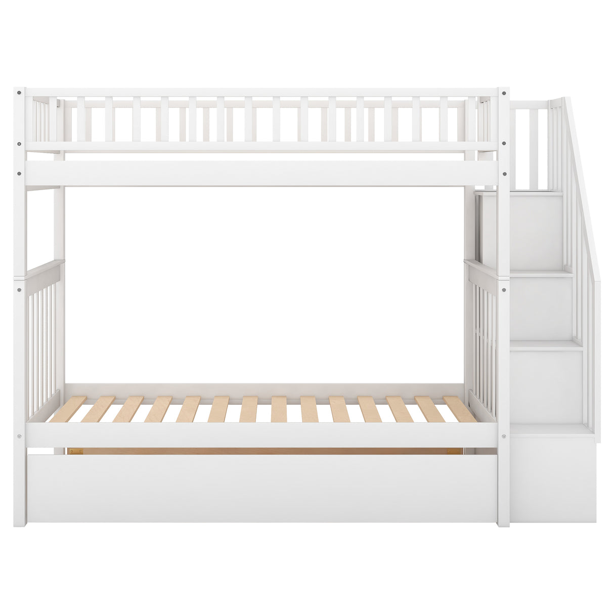 Twin over Twin Bunk Bed with Trundle and Storage, White - Home Elegance USA