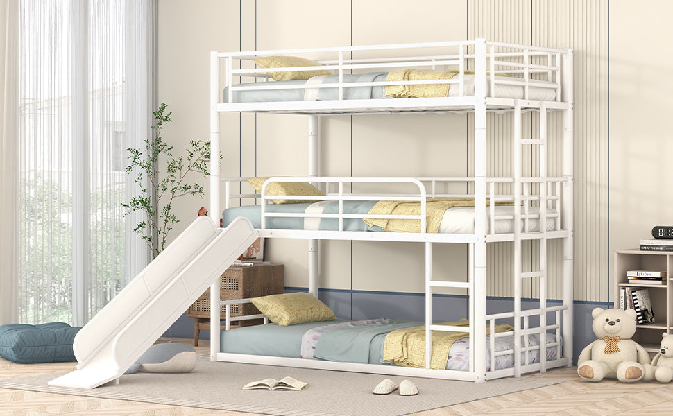 Twin Size Metal Bunk Bed with Ladders and Slide, Divided into Platform and Loft Bed, White - Home Elegance USA