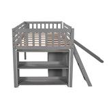 Low Loft Bed with Attached Bookcases and Separate 3-tier Drawers,Convertible Ladder and Slide,Twin,Gray - Home Elegance USA