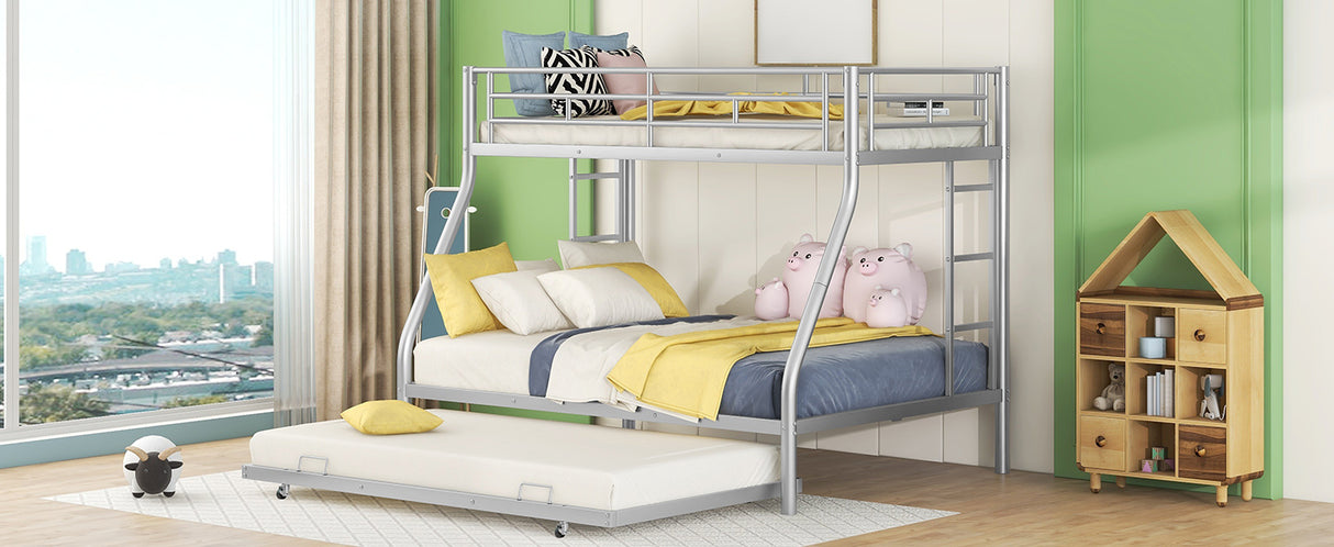 Twin over Full Bed with Sturdy Steel Frame, Bunk Bed with Twin Size Trundle, Two-Side Ladders, Silver