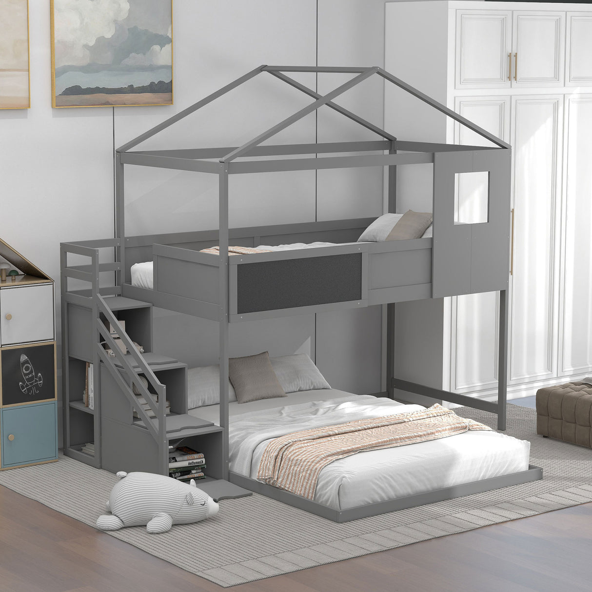 Twin over Full House Bunk Bed with Storage Staircase and Blackboard,Grey - Home Elegance USA