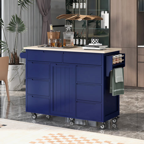 K&K Store Kitchen Cart with Rubber Wood Countertop , Kitchen Island has 8 Handle-Free Drawers Including a Flatware Organizer and 5 Wheels for Kitchen Dinning Room, Dark Blue - Home Elegance USA