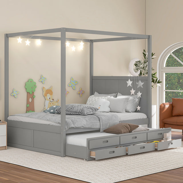 Queen Size Canopy Platform Bed with Twin Size Trundle and Three Storage Drawers,Gray - Home Elegance USA