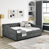 Full Size Daybed with Twin Size Trundle Upholstered Tufted Sofa Bed, with Button on Back and Copper Nail on Waved Shape Arms,Grey (80.5"x55.5"x27.5") Home Elegance USA