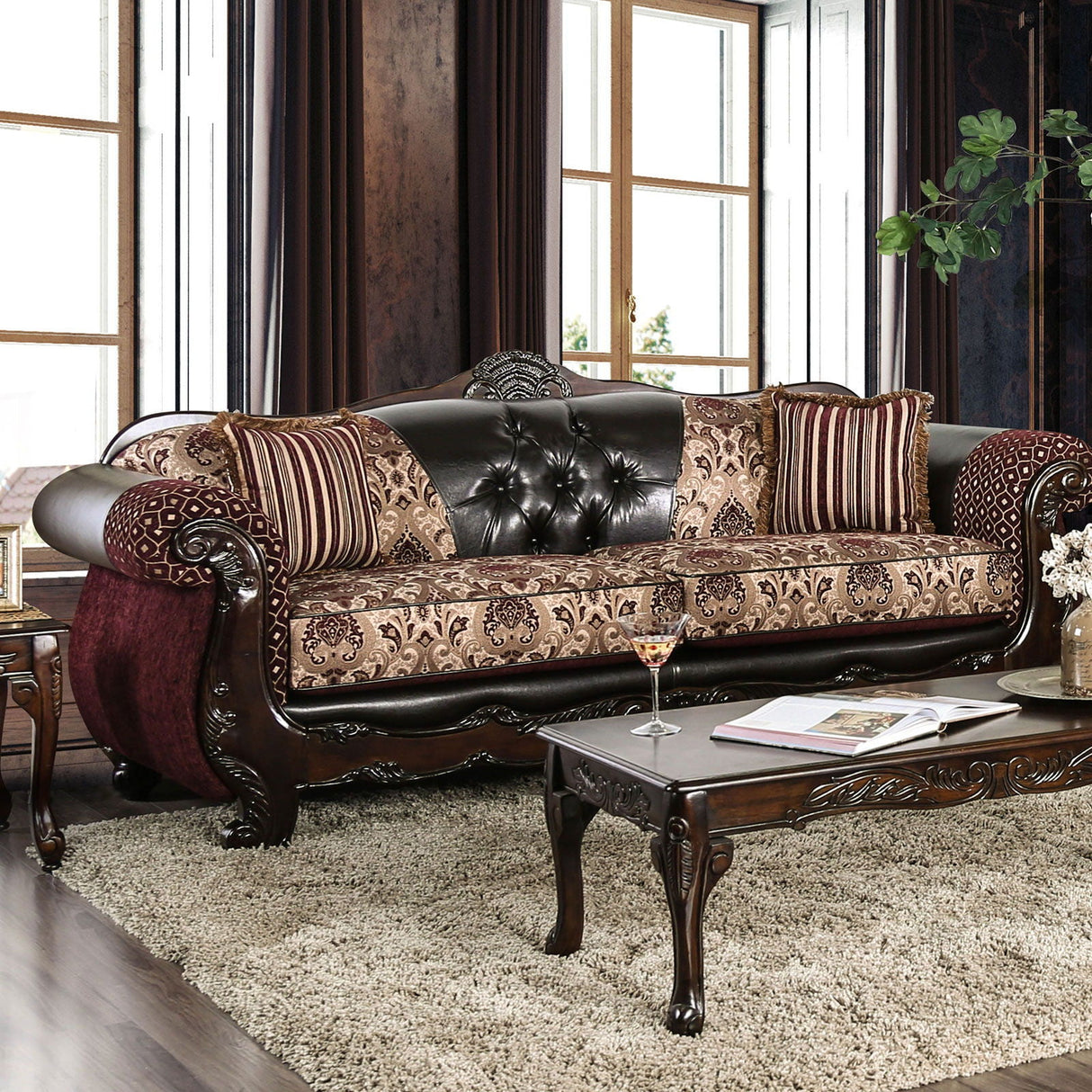 Quirino - Sofa & Loveseat - Burgundy / Dark Brown - Home Elegance USA