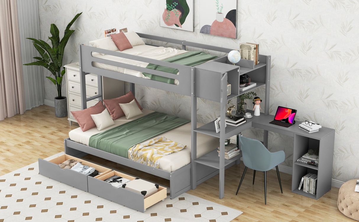 Wood Twin over Full Bunk Bed with Drawers, Shelves, Cabinets, L-shaped Desk and Magazine Holder, Gray - Home Elegance USA