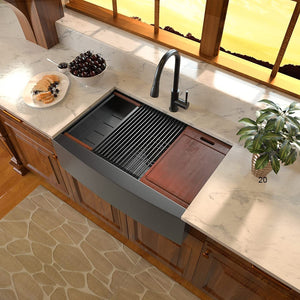 Farmhouse Sink Workstation - 30 Inch Kitchen Sink Gunmetal Black Stainless Steel 16 gauge Apron Front Kitchen Sink