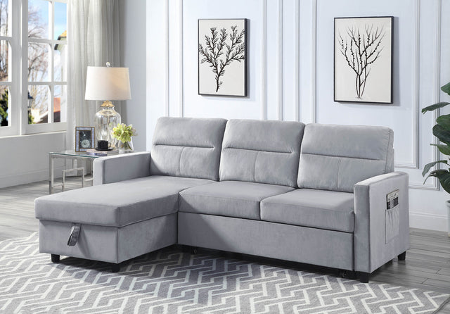 Ruby Light Gray Velvet Reversible Sleeper Sectional Sofa with Storage Chaise and Side Pocket - Home Elegance USA