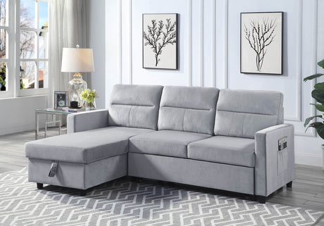 Ivy Light Gray Velvet Reversible Sleeper Sectional Sofa with Storage Chaise and Side Pocket - Home Elegance USA