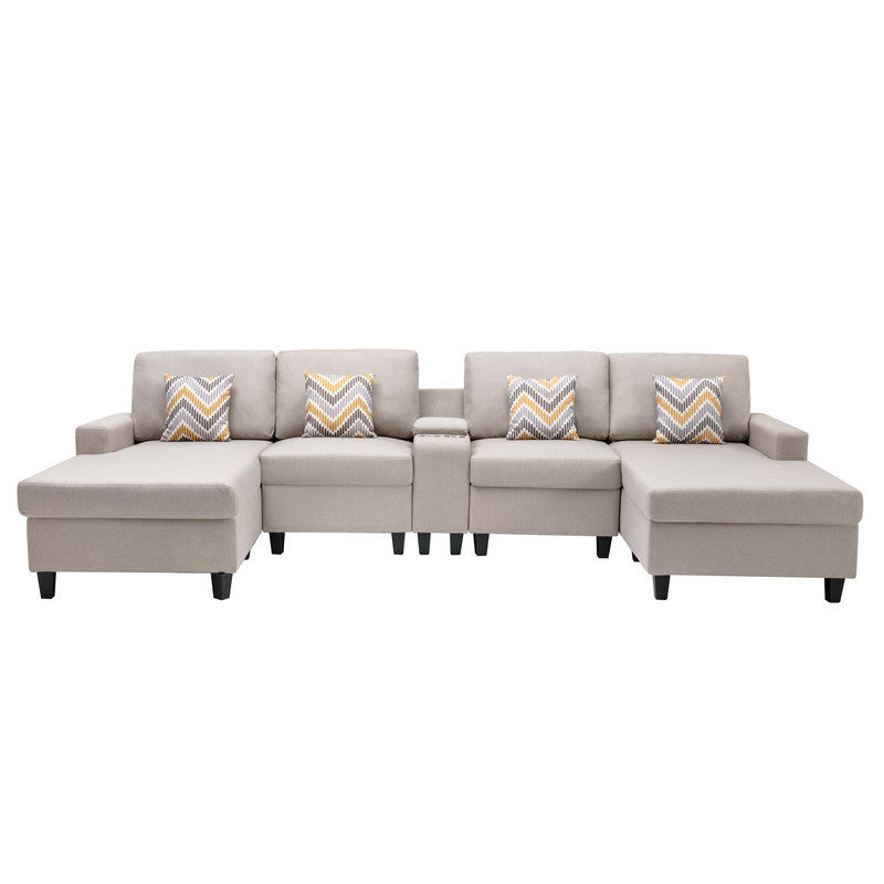 Nolan Beige Linen Fabric 5Pc Double Chaise Sectional Sofa with Interchangeable Legs, a USB, Charging Ports, Cupholders, Storage Console Table and Pillows - Home Elegance USA