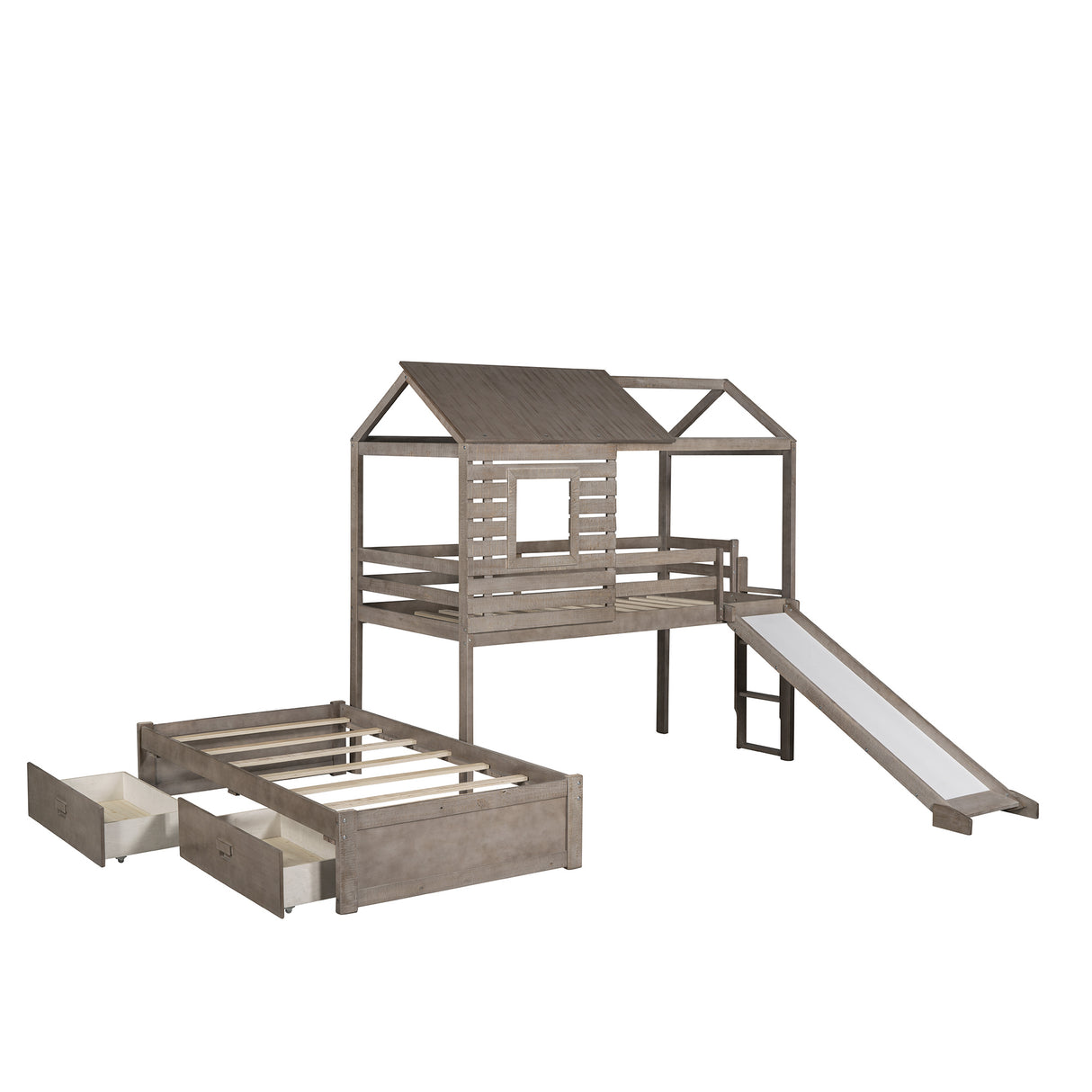 Twin Over Twin Bunk Bed with Two Storage Drawers and Slide, House-Shaped Wood Bunk Bed, Antique Gray (OLD SKU:LP000089AAE) - Home Elegance USA