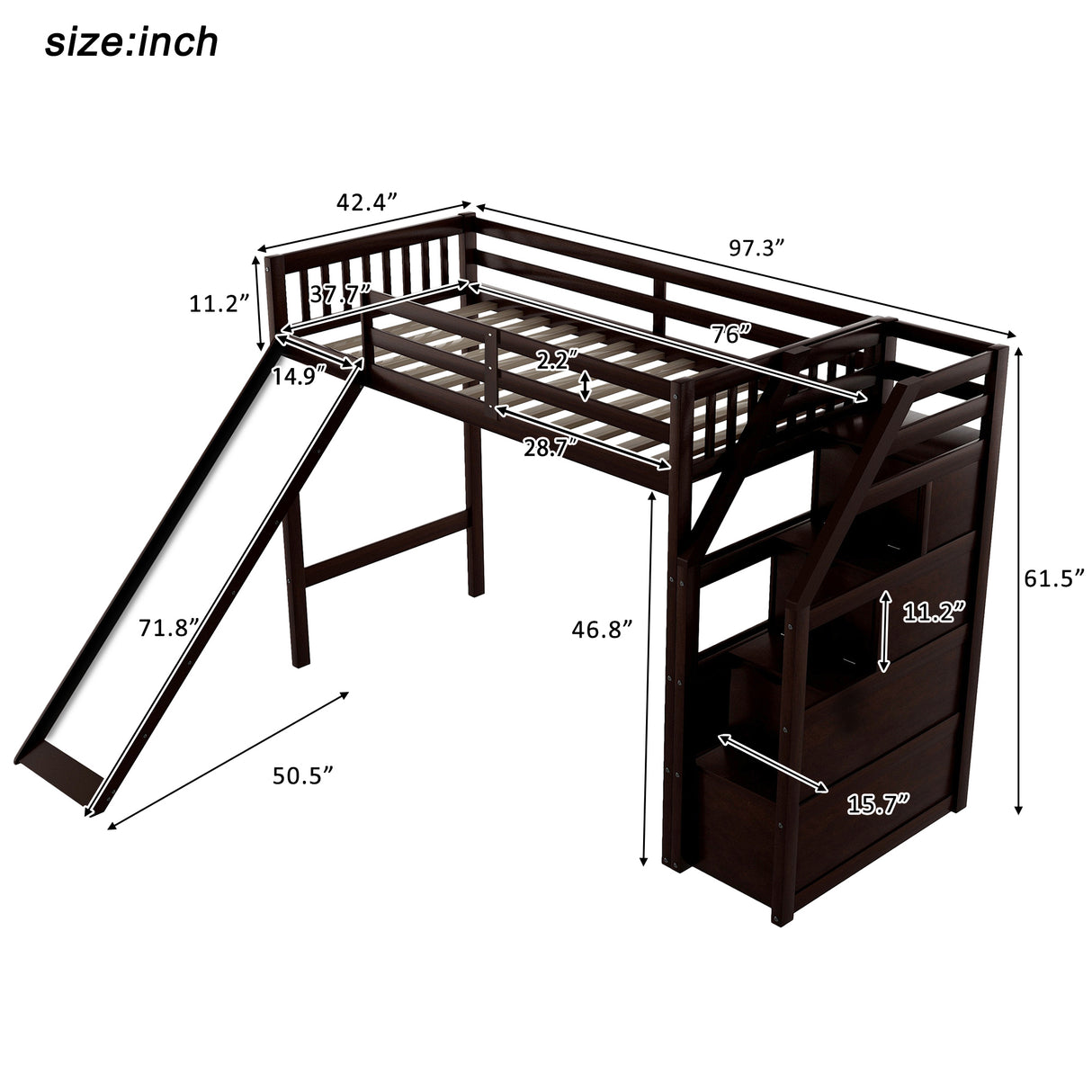 Twin Size Loft Bed with Storage and Slide, Espresso - Home Elegance USA