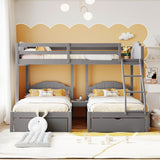 Full Over Twin & Twin Bunk Bed, Velvet Triple Bunk Bed with Drawers and Guardrails, Gray - Home Elegance USA