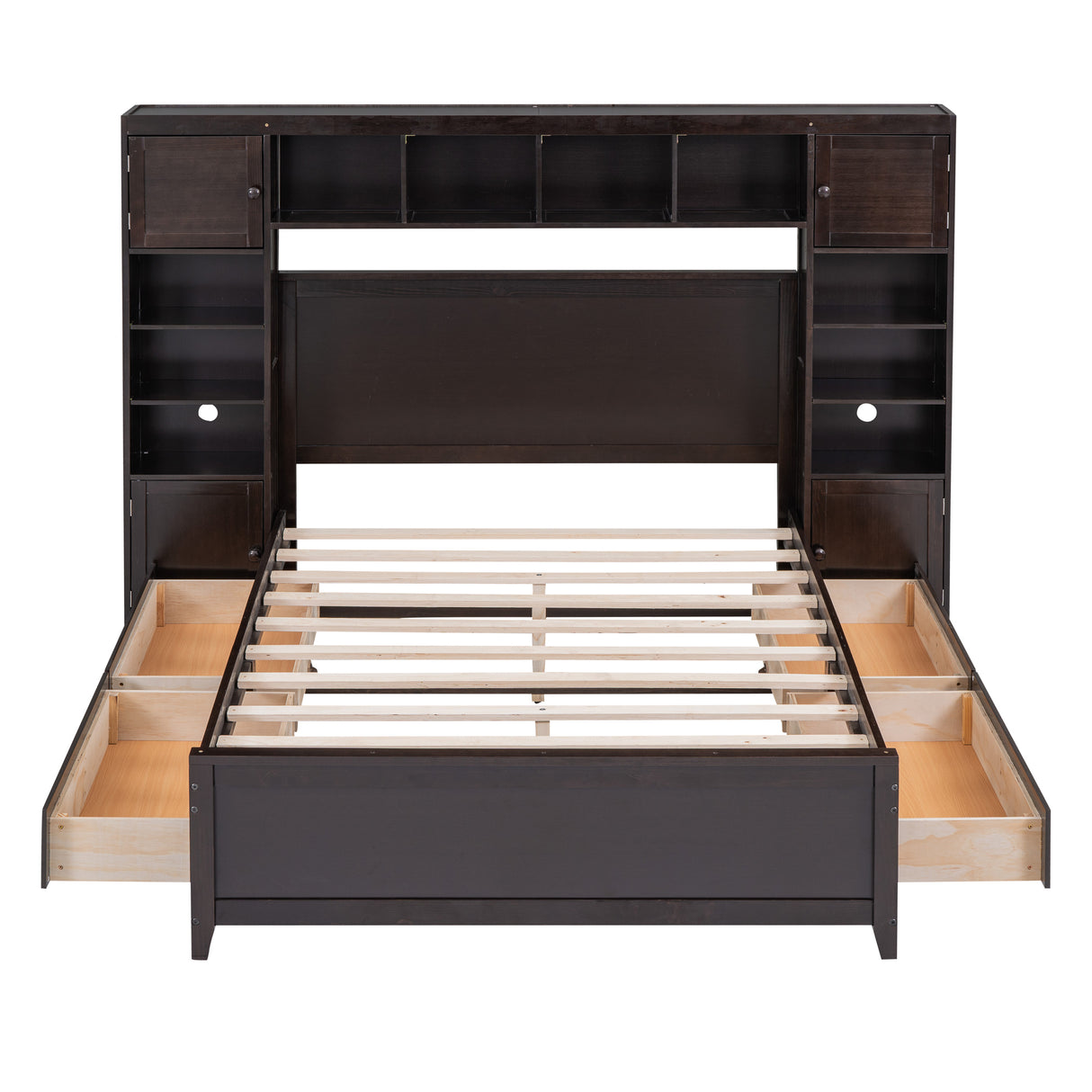 Full Size Wooden Bed With All-in-One Cabinet and Shelf, Espresso - Home Elegance USA