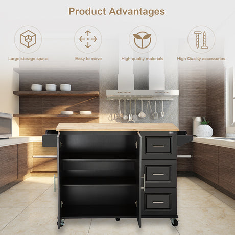 Kitchen Island & Kitchen Cart, \\nMobile Kitchen Island with Extensible Rubber Wood Table Top,\\nadjustable Shelf Inside Cabinet,\\n3 Big Drawers, with Spice Rack, Towel Rack, \\nBlack-Beech . - Home Elegance USA