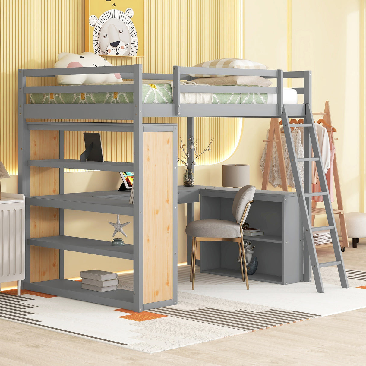 Full Size Loft Bed with Ladder, Shelves, and Desk, Gray - Home Elegance USA