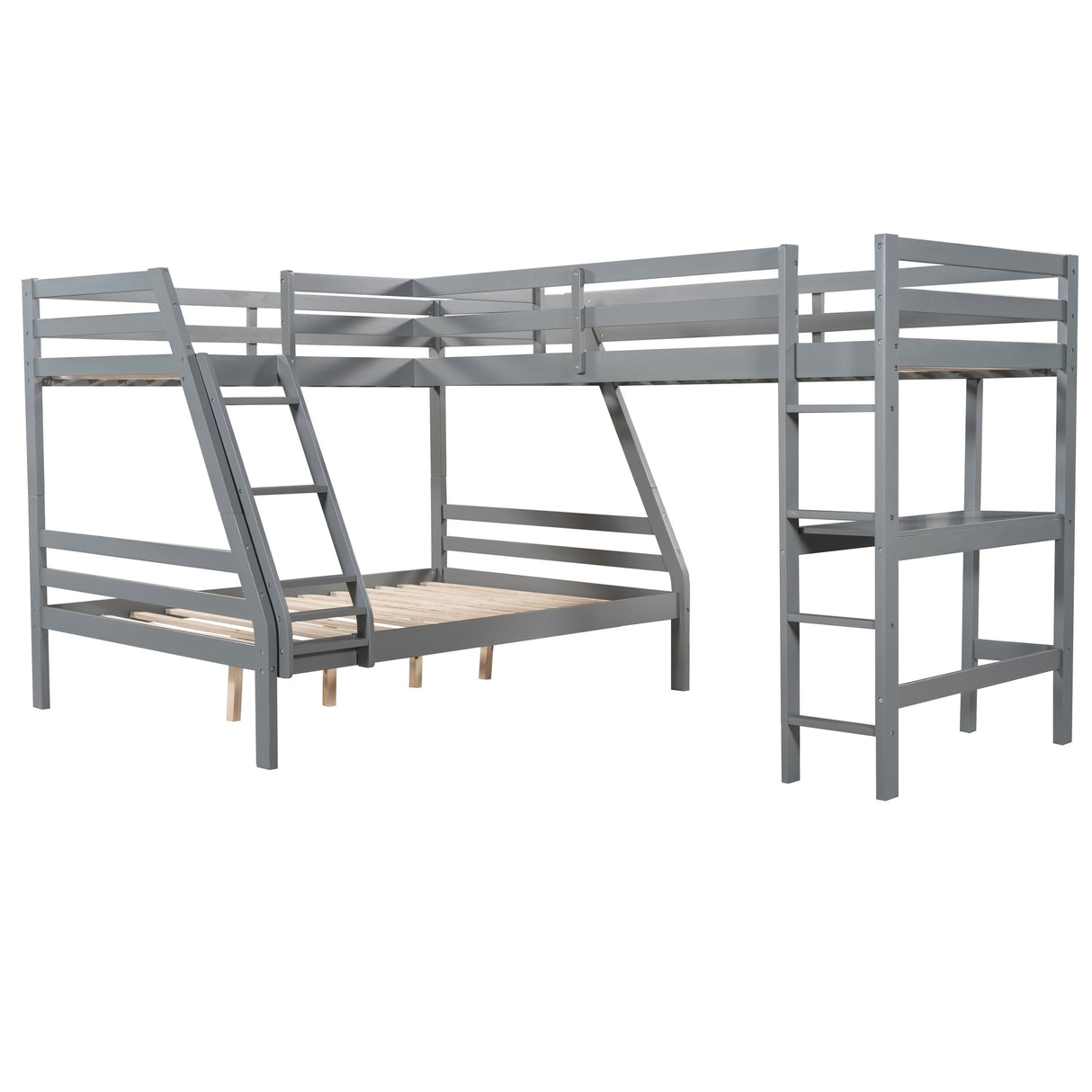 L-Shaped Twin over Full Bunk Bed and Twin Size Loft Bed with Built-in Desk,Gray - Home Elegance USA