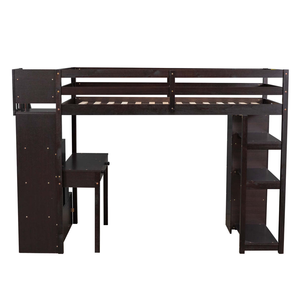 Twin size Loft Bed with Storage Drawers ,Desk and Stairs, Wooden Loft Bed with Shelves - Espresso - Home Elegance USA