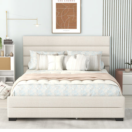 Queen Upholstered Platform Bed with Twin Size Trundle and Two Drawers, Beige - Home Elegance USA