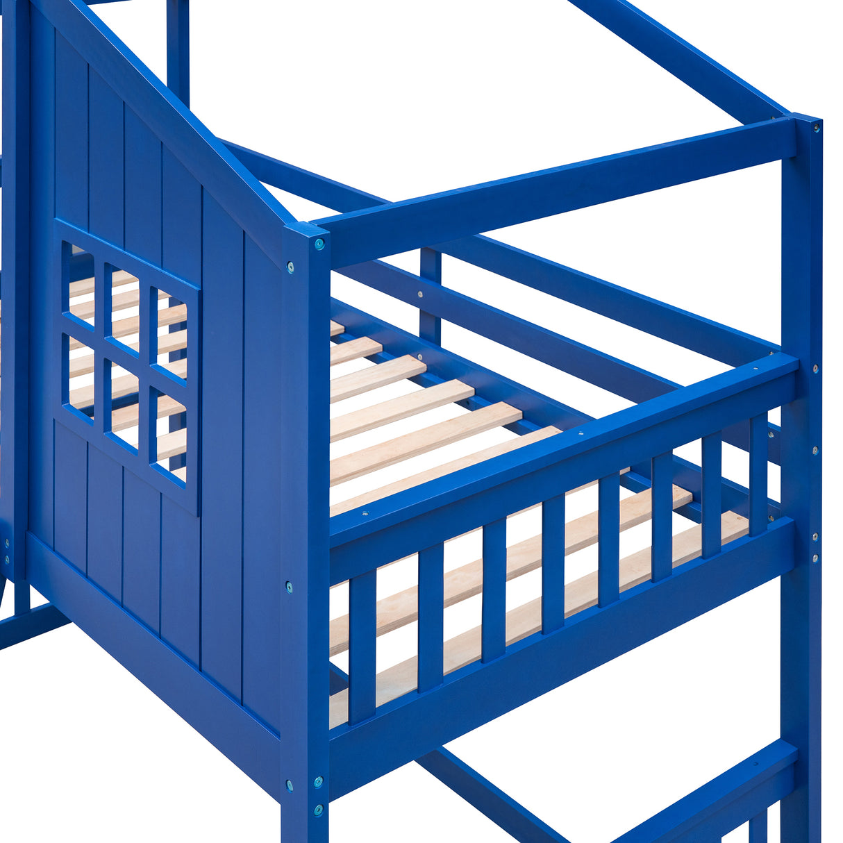 Twin Over Twin House Bunk Bed With Ladder, Wood Bed-Blue - Home Elegance USA