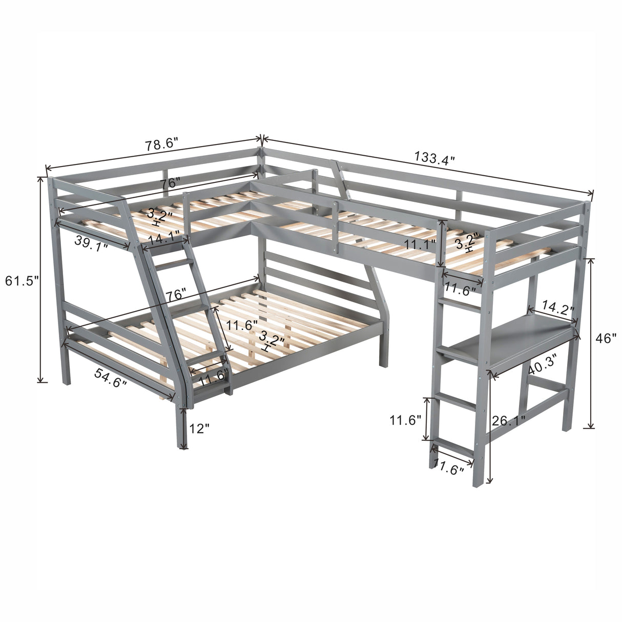 L-Shaped Twin over Full Bunk Bed and Twin Size Loft Bed with Built-in Desk,Gray - Home Elegance USA