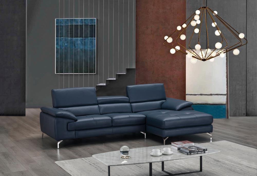 A973B Italian Leather Mini Sectional Right Facing Chaise In Blue - 179065 - Rhfc | J&M | Home Elegance USA