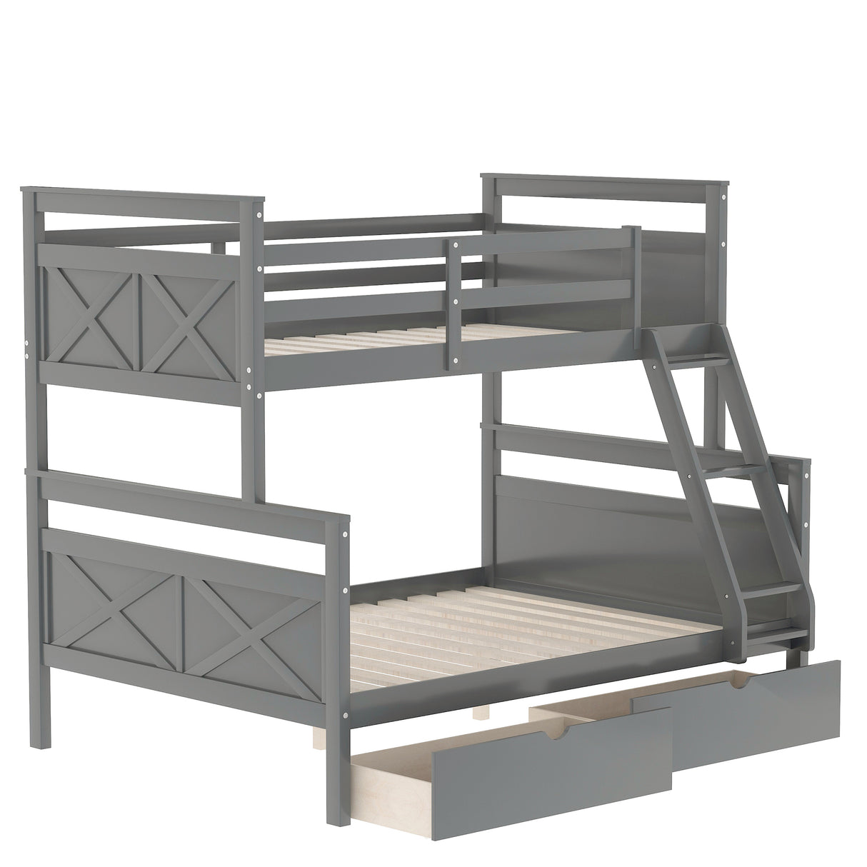 Twin over Full Bunk Bed with Ladder, Two Storage Drawers, Safety Guardrail, Gray - Home Elegance USA