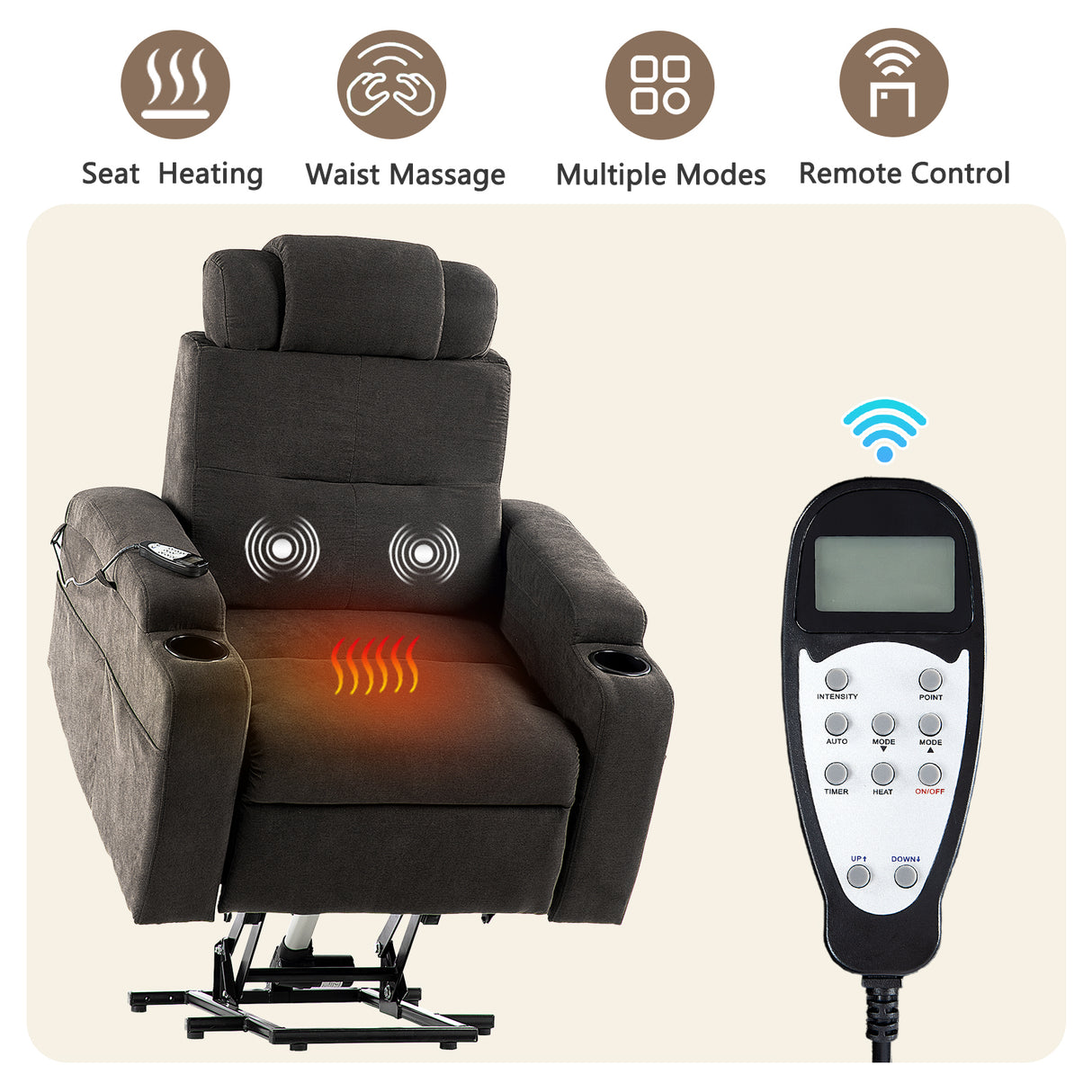 Lift Chairs Recliners for Elderly, Power Reomte Control with Heat and Massage, Upholstered Extra-wide Seat Side Pockets Cup Holders, Fashionable Headrest Thick Cushion (Dark Brown) Home Elegance USA
