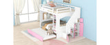 Full Over Full Bunk Bed with Trundle ,Stairs,Ladders Solid Wood Bunk bed with Storage Cabinet （White + Pink） - Home Elegance USA