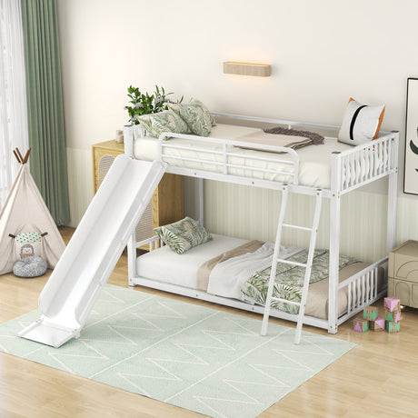 Metal Bunk Bed with Slide, Twin over Twin, White - Home Elegance USA