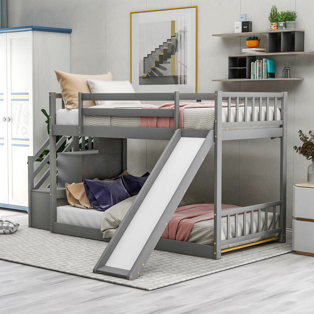 Twin over Twin Bunk Bed with Convertible Slide and Stairway, Gray - Home Elegance USA
