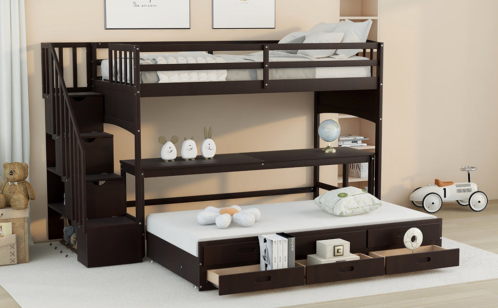 Stairway Twin XL Loft Bed with Twin Size Trundle and 3 Drawers, Storage, Desk, Espresso - Home Elegance USA