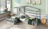 Wood House Bed Twin Size, 2 Twin Solid Bed L structure with fence and slatted frame （Gray) - Home Elegance USA