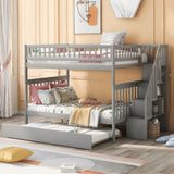 Full over Full Bunk Bed with Trundle and Staircase,Gray - Home Elegance USA