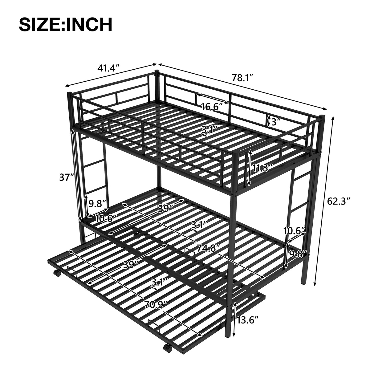 Twin over Twin Bunk Bed with Trundle, Black(OLD SKU:MF192387AAB) - Home Elegance USA