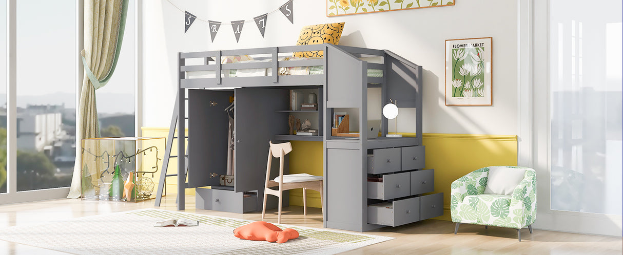 Twin Size Loft Bed with Wardrobe and Drawers, attached Desk with Shelves, Gray - Home Elegance USA