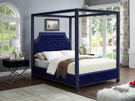 Meridian Furniture - Rowan Velvet Queen Bed In Navy - Rowannavy-Q