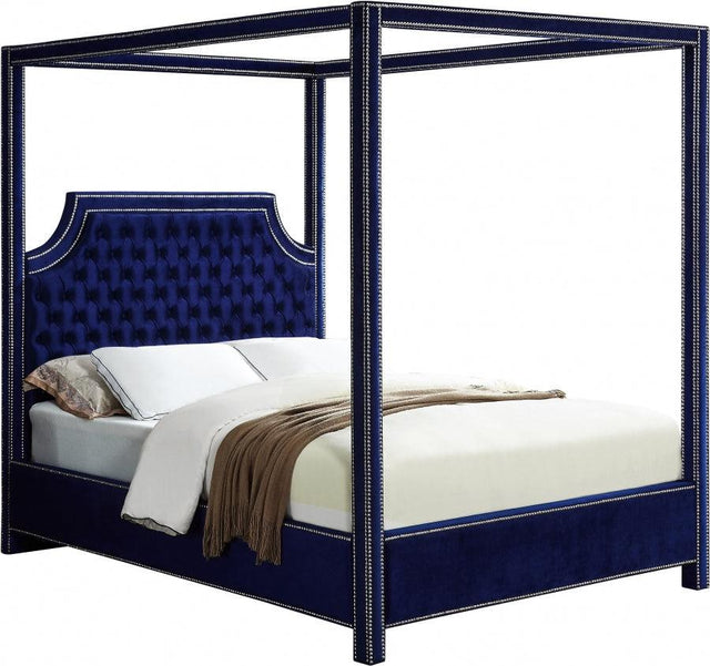 Meridian Furniture - Rowan Velvet Queen Bed In Navy - Rowannavy-Q