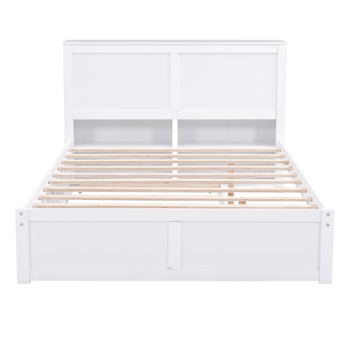 Full Size Storage Platform Bed with Pull Out Shelves and Twin Size Trundle, White - Home Elegance USA