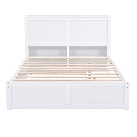 Full Size Storage Platform Bed with Pull Out Shelves and Twin Size Trundle, White - Home Elegance USA