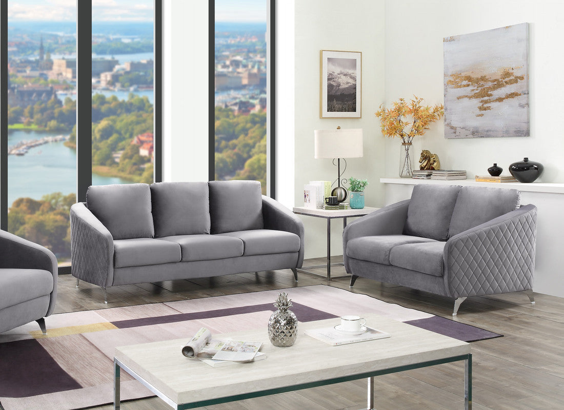 Sofia Gray Velvet Fabric Sofa Loveseat Living Room Set Home Elegance USA