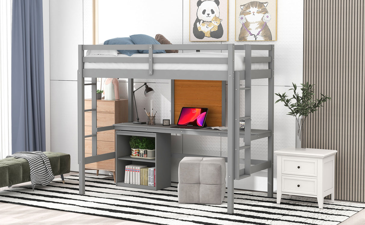 Twin size Loft Bed with Desk and Writing Board, Wooden Loft Bed with Desk & 2 Drawers Cabinet- Gray - Home Elegance USA