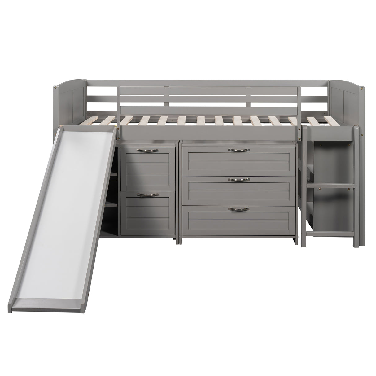 Low Twin Size Loft Bed with Cabinets, Shelves and Slide - Gray(OLD SKU :LP000503AAE) - Home Elegance USA