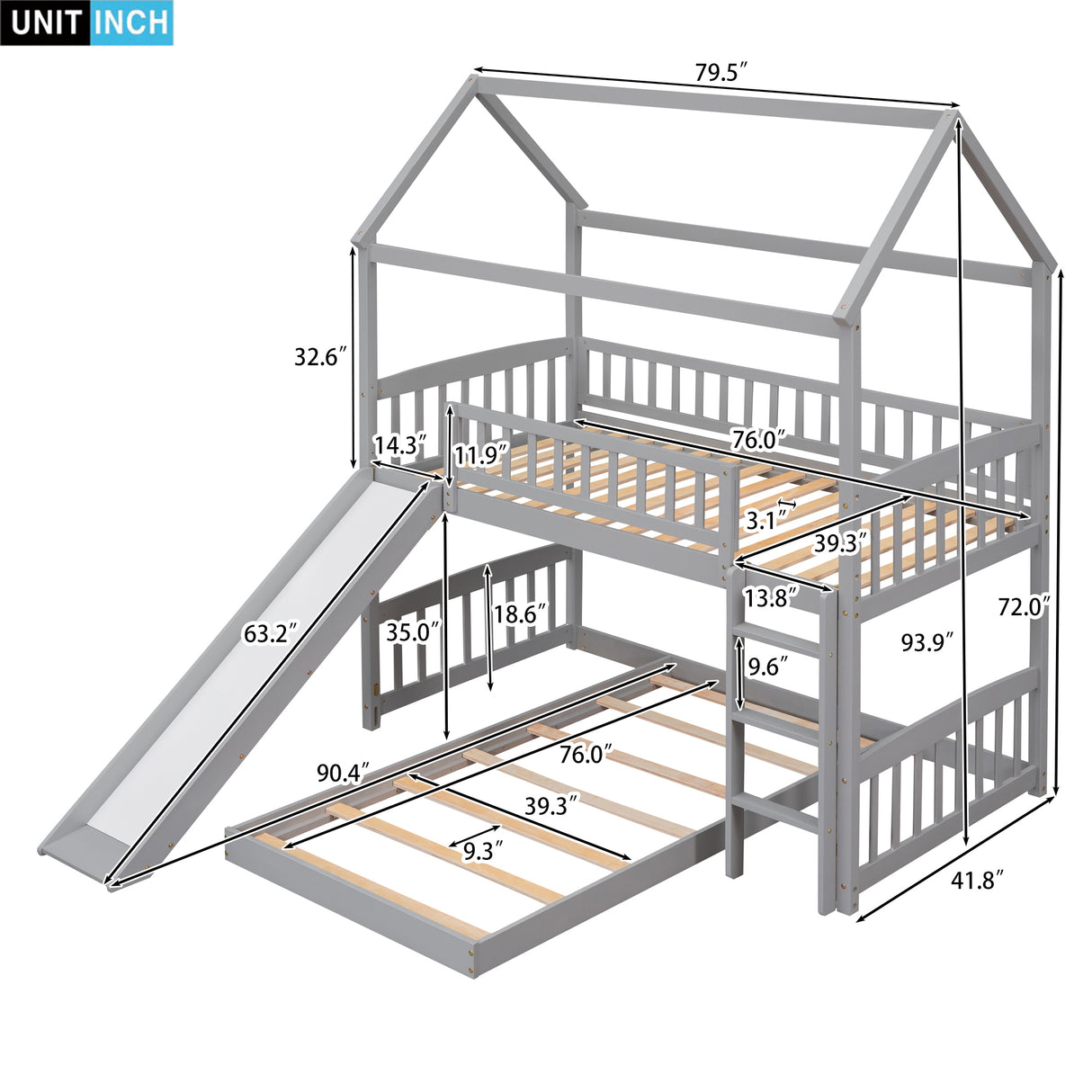 Twin Over Twin Bunk Bed with Slide, House Bed with Slide, Gray(OLD SKU: LT000214AAE) - Home Elegance USA