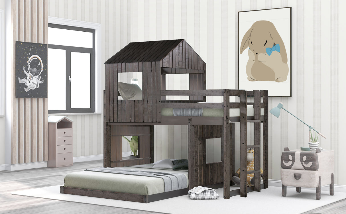 Wooden Twin Over Full Bunk Bed, Loft Bed with Playhouse, Farmhouse, Ladder and Guardrails , Antique Gray( old sku: LT000027AAE ) - Home Elegance USA