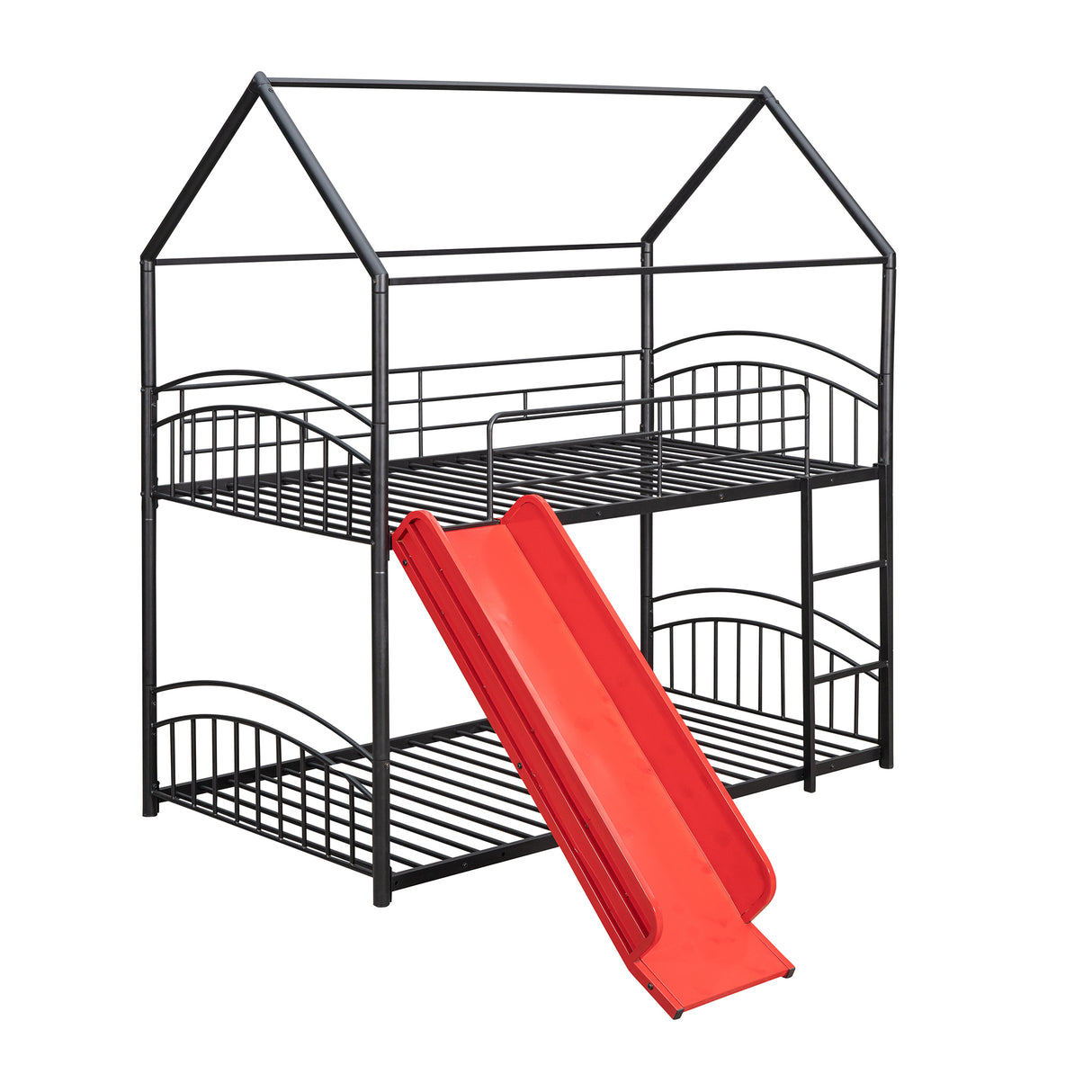 Twin Over Twin Metal Bunk Bed With Slide,Kids House Bed Black+Red - Home Elegance USA