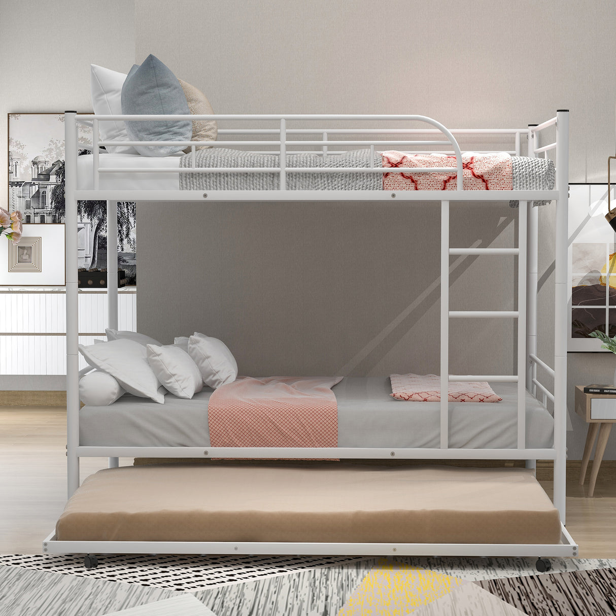 Twin-Over-Twin Metal Bunk Bed With Trundle,Can be Divided into two beds,No Box Spring needed ,White ( old sku: MF194806AAK ) - Home Elegance USA