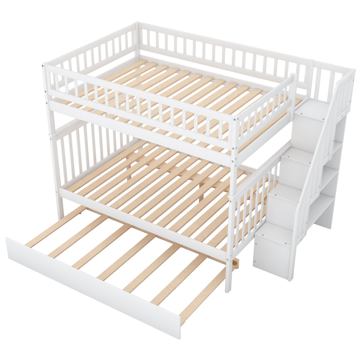 Full over Full Bunk Bed with Trundle and Staircase,White - Home Elegance USA