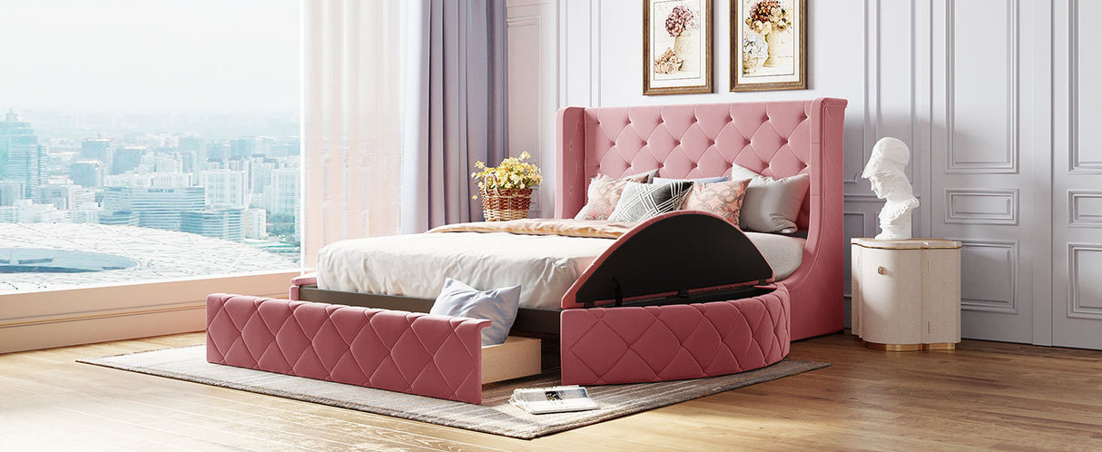 Upholstered Platform Bed Queen Size Storage Velvet Bed with Wingback Headboard and 1 Big Drawer,2 Side Storage Stool(Pink) - Home Elegance USA