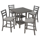 TREXM 5-Piece Wooden Counter Height Dining Set with Padded Chairs and Storage Shelving (Gray) - Home Elegance USA